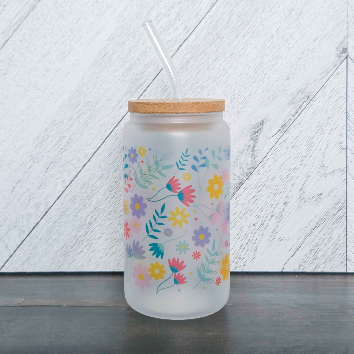 Summer Vibes Flower Frosted Can with Bamboo Lid