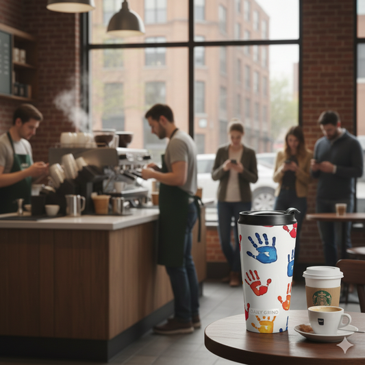 Colorful Handprint Stainless Steel Travel Mug — Kids Art Pattern, Spill‑Resistant Coffee Tumbler - AURABAGS SHOP