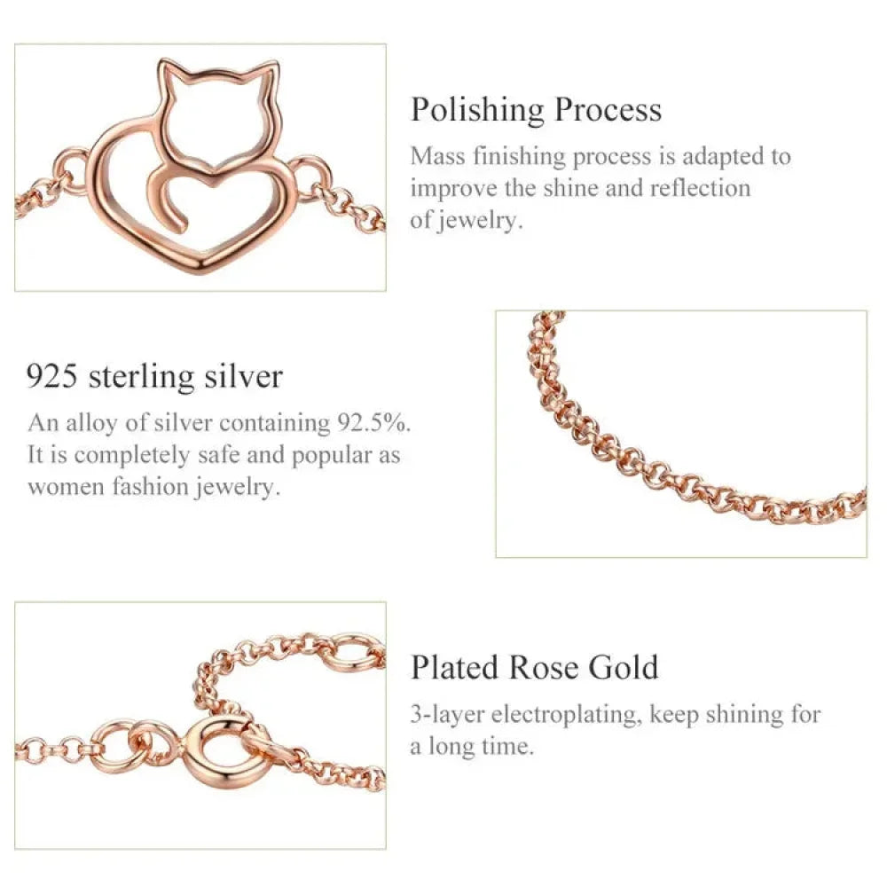 925 Sterling Silver Cat Heart Chain Bracelet