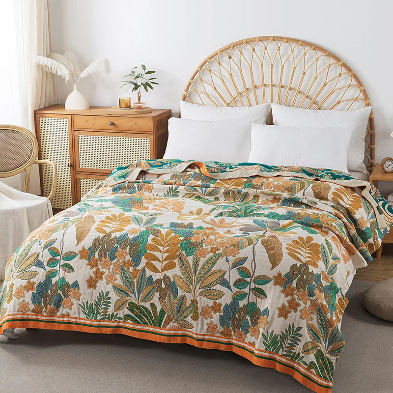 Boho Baumwolldecke/Tagesdecke "Wild Garden" - Creme/Orange