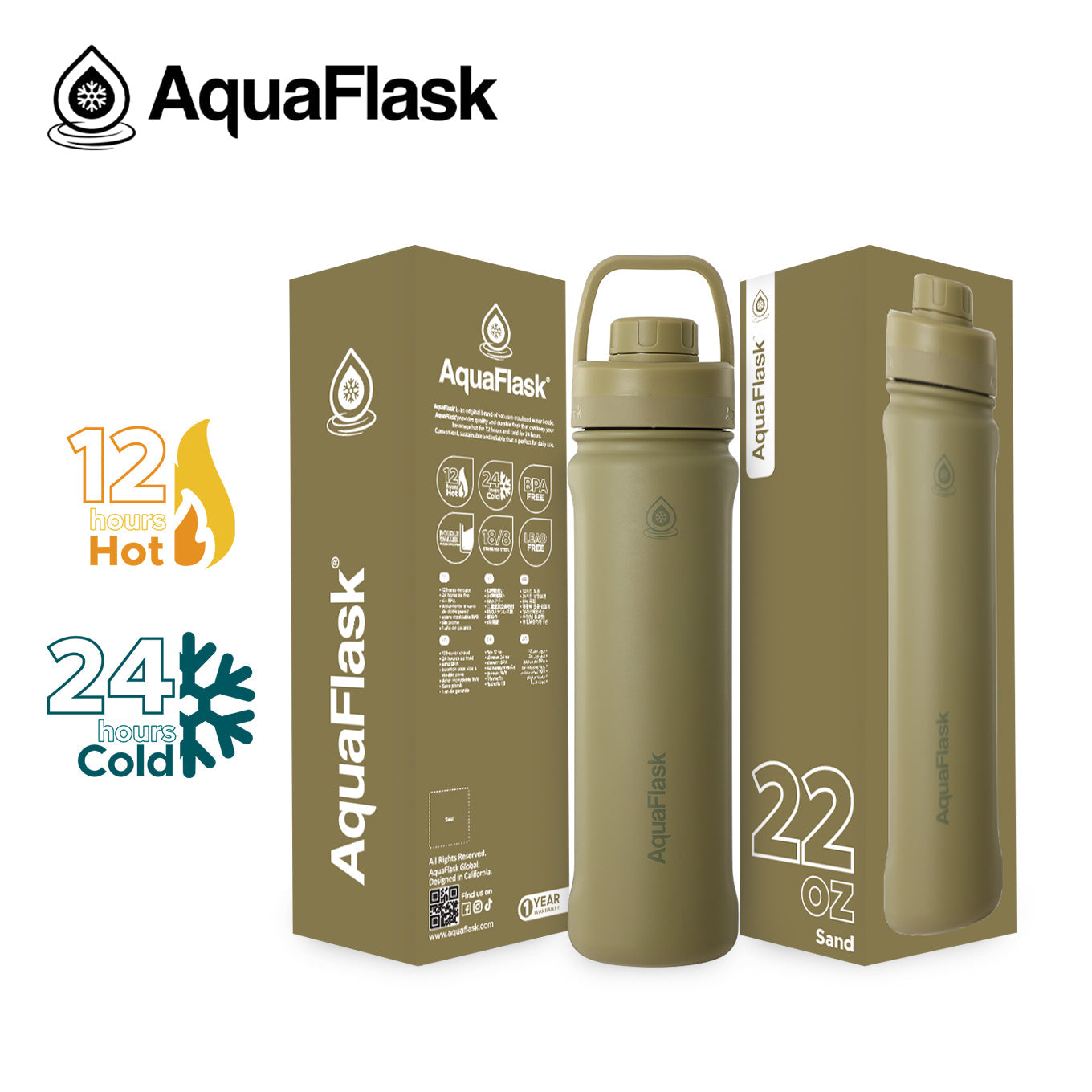 AquaFlask Sportflasche 650ml (22oz) – Vakuumisoliert, Auslaufsicher, BPA-frei