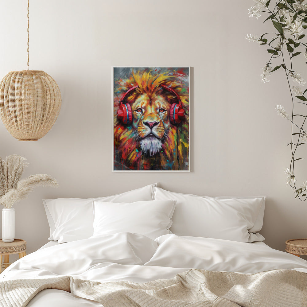 Wandbild Löwe mit Kopfhörern Tier
