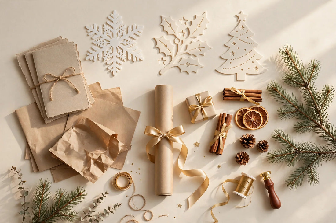 Christmas craft stocking stuffer gifts — snowflake and holiday stencils, handmade Christmas cards and craft paper on a warm cream background with pine sprigs and gold ribbon, soft afternoon light
