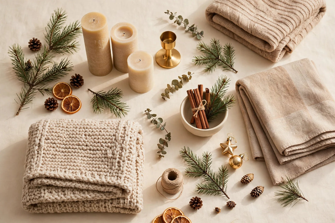 Cozy Christmas home gifts flat-lay — handmade candles and soft throws on a warm cream background