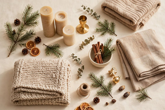 Cozy Christmas home gifts flat-lay — handmade candles and soft throws on a warm cream background