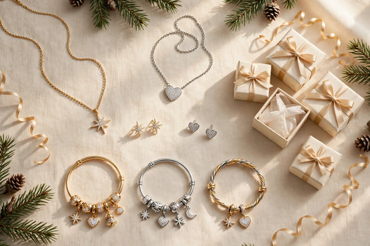 Sparkling Christmas jewelry gifts — gold and silver necklaces, star and heart stud earrings and charm bangles with small gift boxes, pine sprigs and gold ribbon on a warm cream background