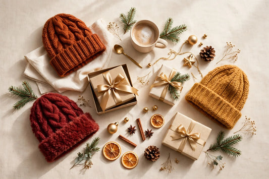 Cozy knit hat Christmas gifts flat-lay with festive gift boxes on a warm cream background