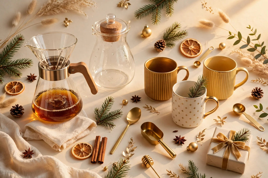 Christmas kitchen coffee maker gifts flat-lay with coffee makers, glass carafes and festive cups on a warm cream background