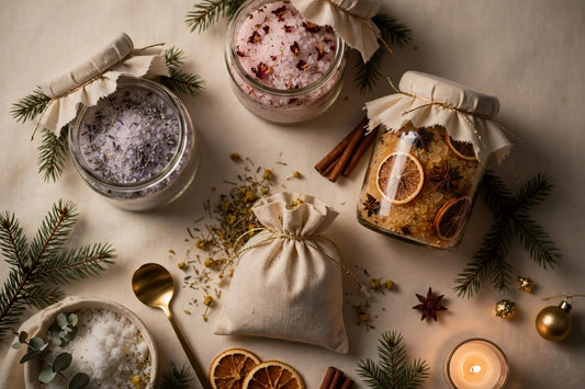 Cozy Christmas bath soak gifts flat-lay on a warm cream background