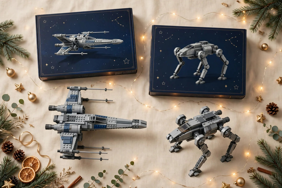 LEGO Star Wars Christmas gift flat-lay — building set boxes and built starfighter and walker models on a warm cream background with pine sprigs and gold accents, soft evening light