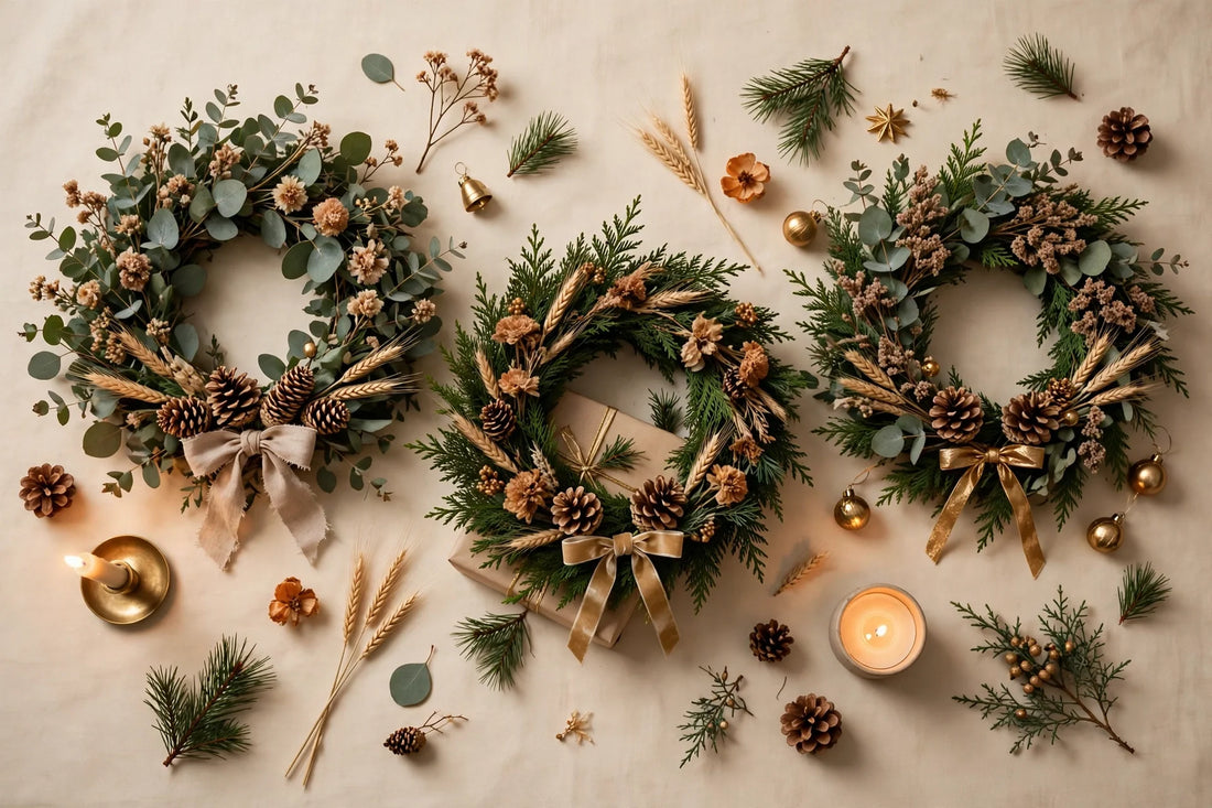 Handmade Christmas wreath gifts flat-lay on a warm cream background