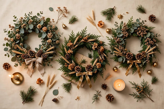 Handmade Christmas wreath gifts flat-lay on a warm cream background
