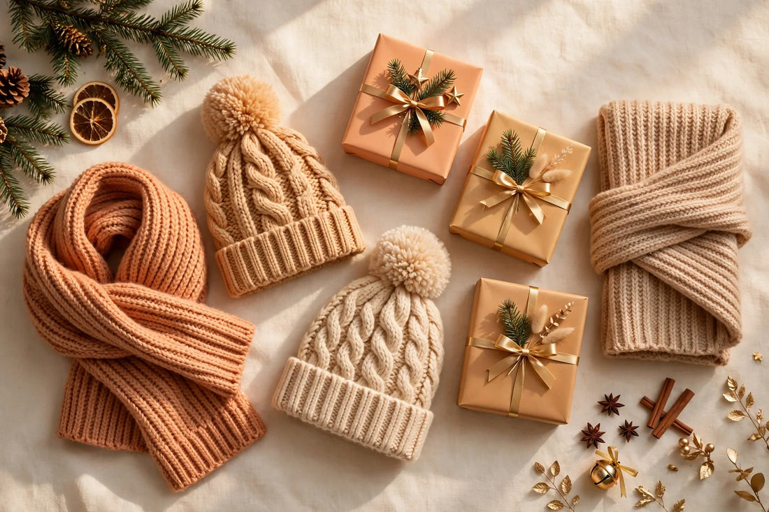 Last-minute Christmas gifts flat-lay — knit scarves, pompom hats and beanies with gift boxes in warm sunrise tones