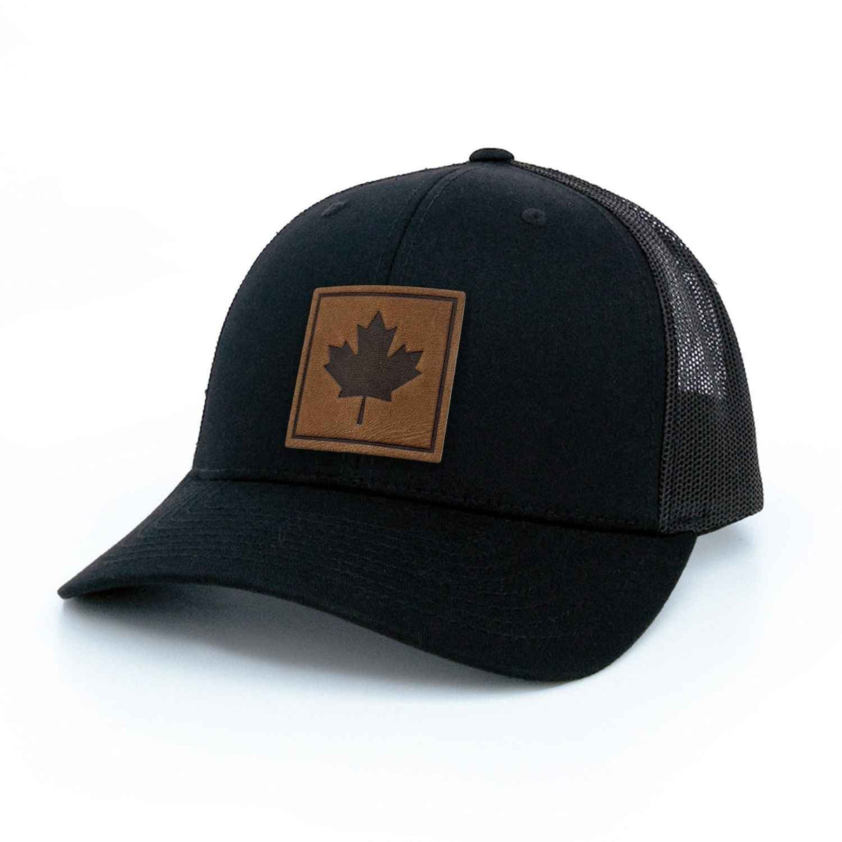 Maple Leaf Leather Patch Trucker Hat Square