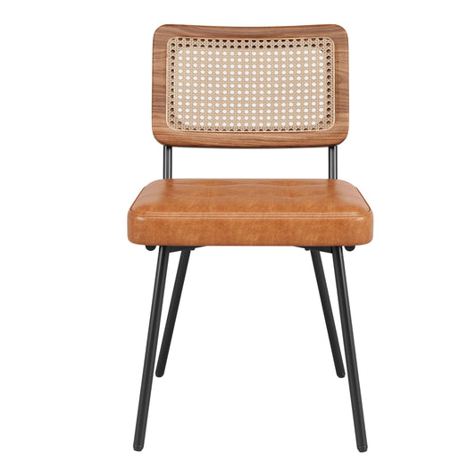 Faux Leather Dining Chair Set of 4 – Rattan Backrest, Ergonomic Lounge & Vanity Chairs, Brown (Germany Delivery Only)