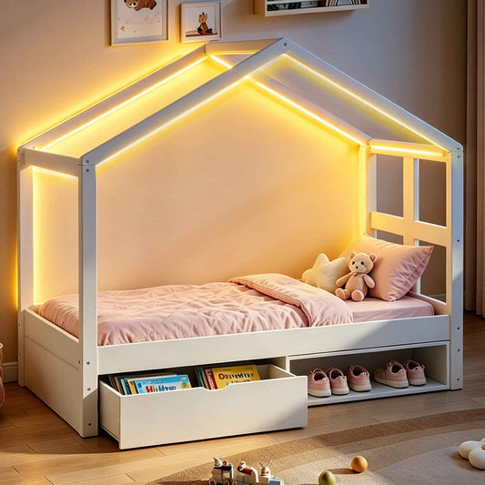 White Wooden Twin-Style Single Bed 90×190 cm with Storage Drawer, Shoe Cabinet & LED Lights (Germany Delivery Only)