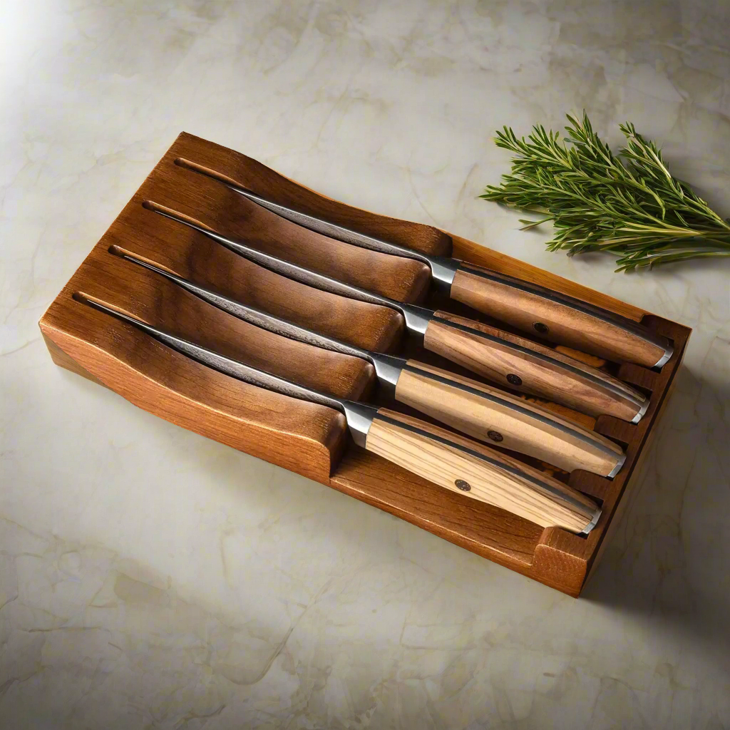 Ginza Steel AMELIA Five – 4-teiliges Steakmesserset aus VG10 Damaststahl mit Holzblock