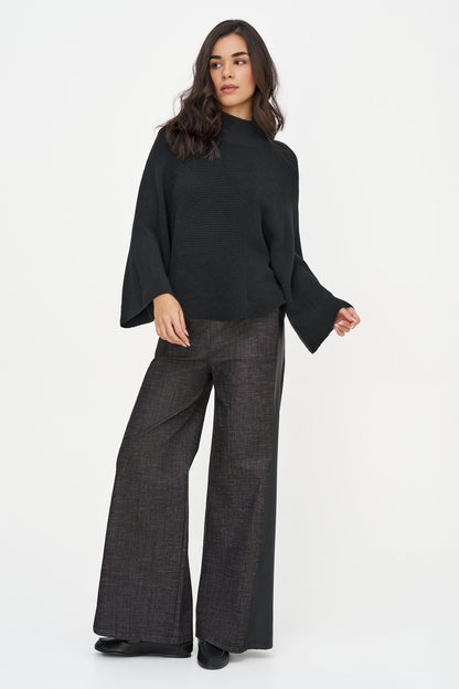 Women's Wide-Leg Pull-On Denim Pants with Faux Leather Side Trim