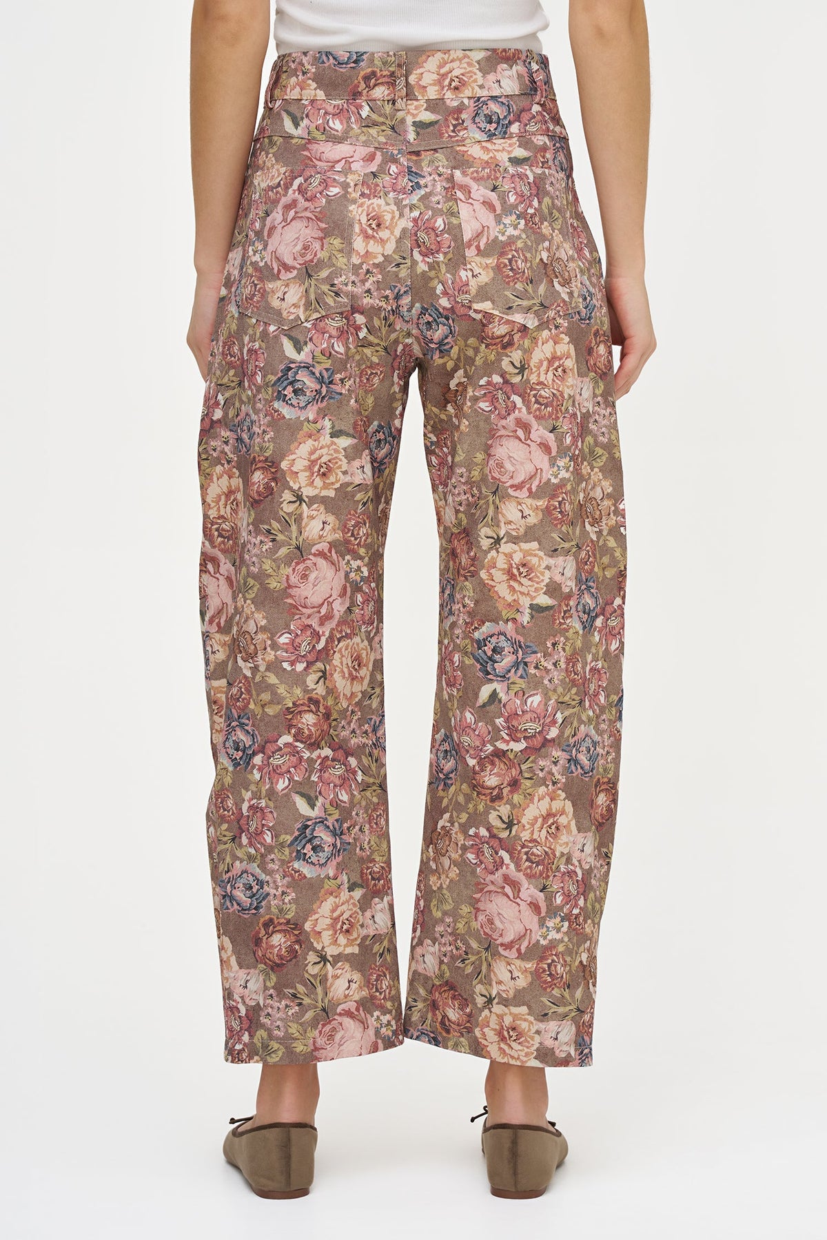 Women's Printed Woven Barrel-Leg Zip-Up Pants with Side & Back Pockets