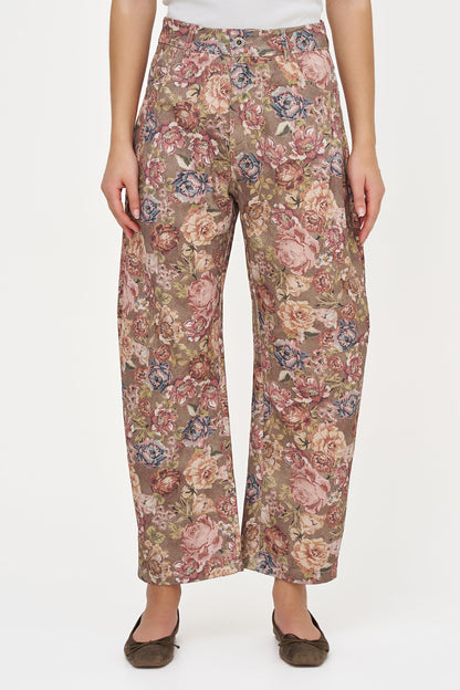 Women's Printed Woven Barrel-Leg Zip-Up Pants with Side & Back Pockets