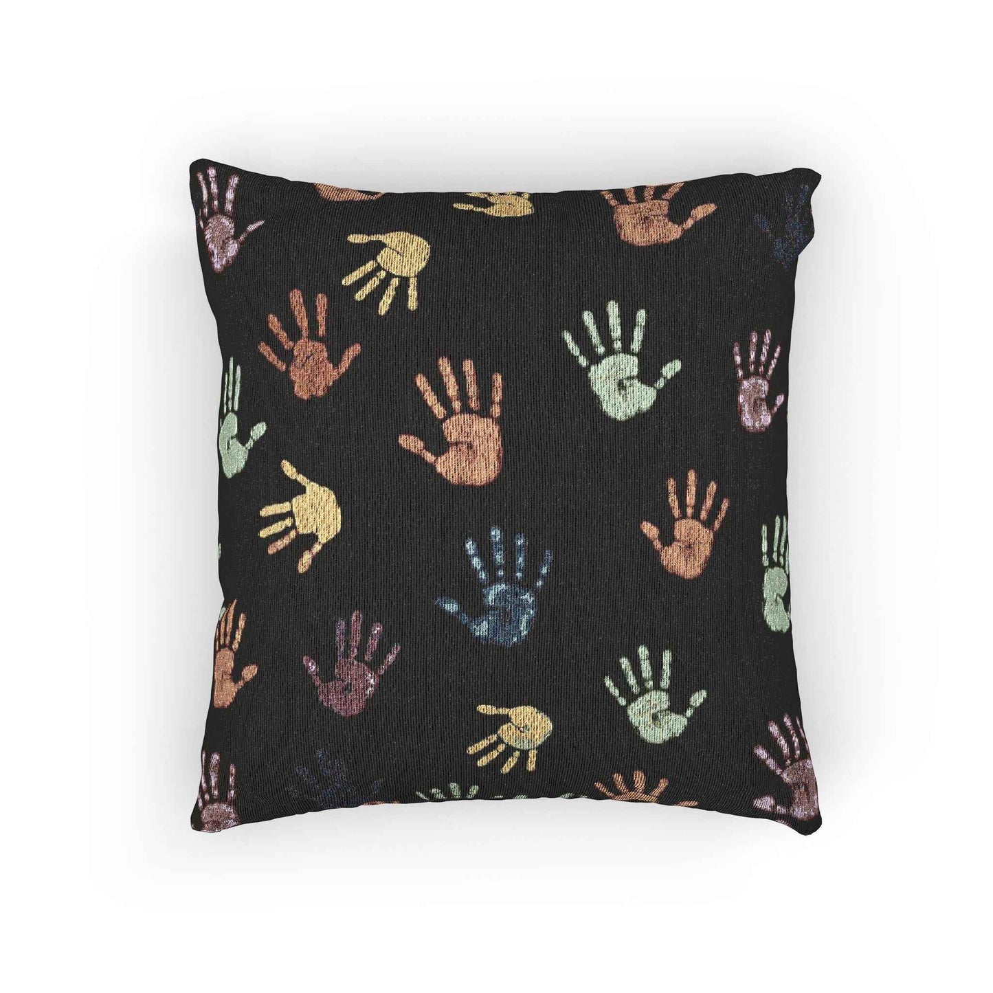 Colorful Handprint Pattern Pillow | Multicolor Hands on Black Throw Pillow