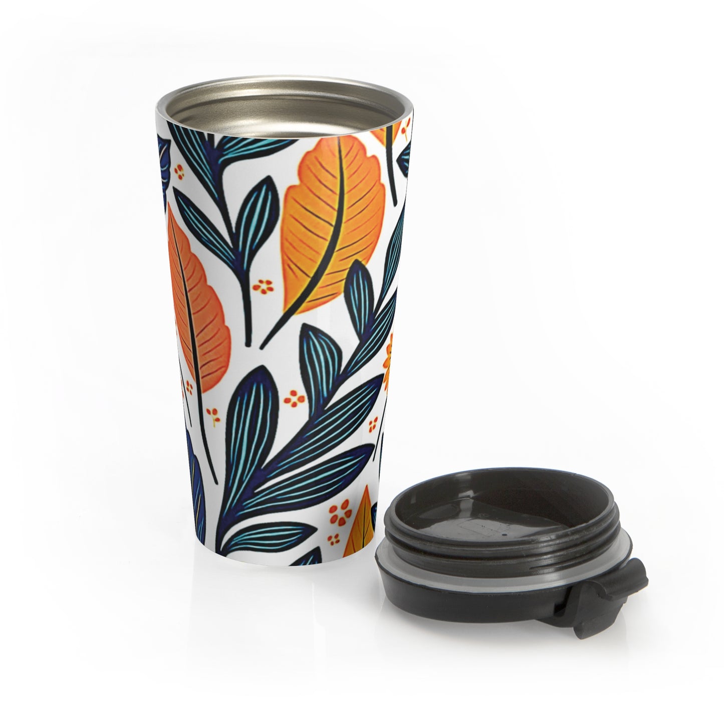 Autumn Foliage Floral Travel Mug | Orange Blue Leaf Pattern - AURABAGS SHOP
