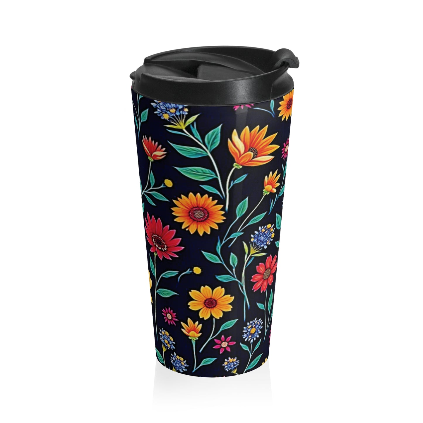 Colorful Floral Pattern Stainless Steel Travel Mug | Black Background - AURABAGS SHOP