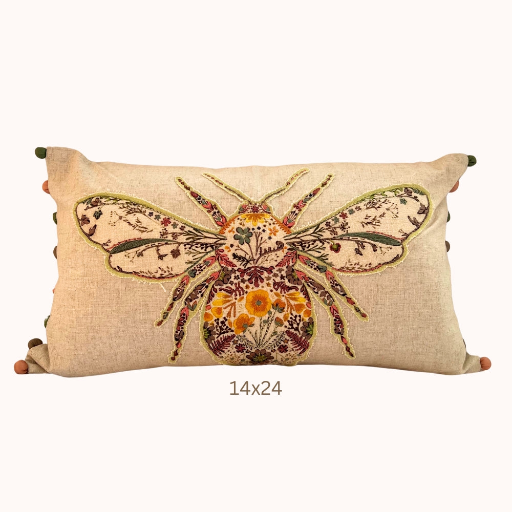 Bestickter Hummel-Leinen-Lendenkissenbezug – Boho-Bauernhaus-Dekokissen mit Pompons