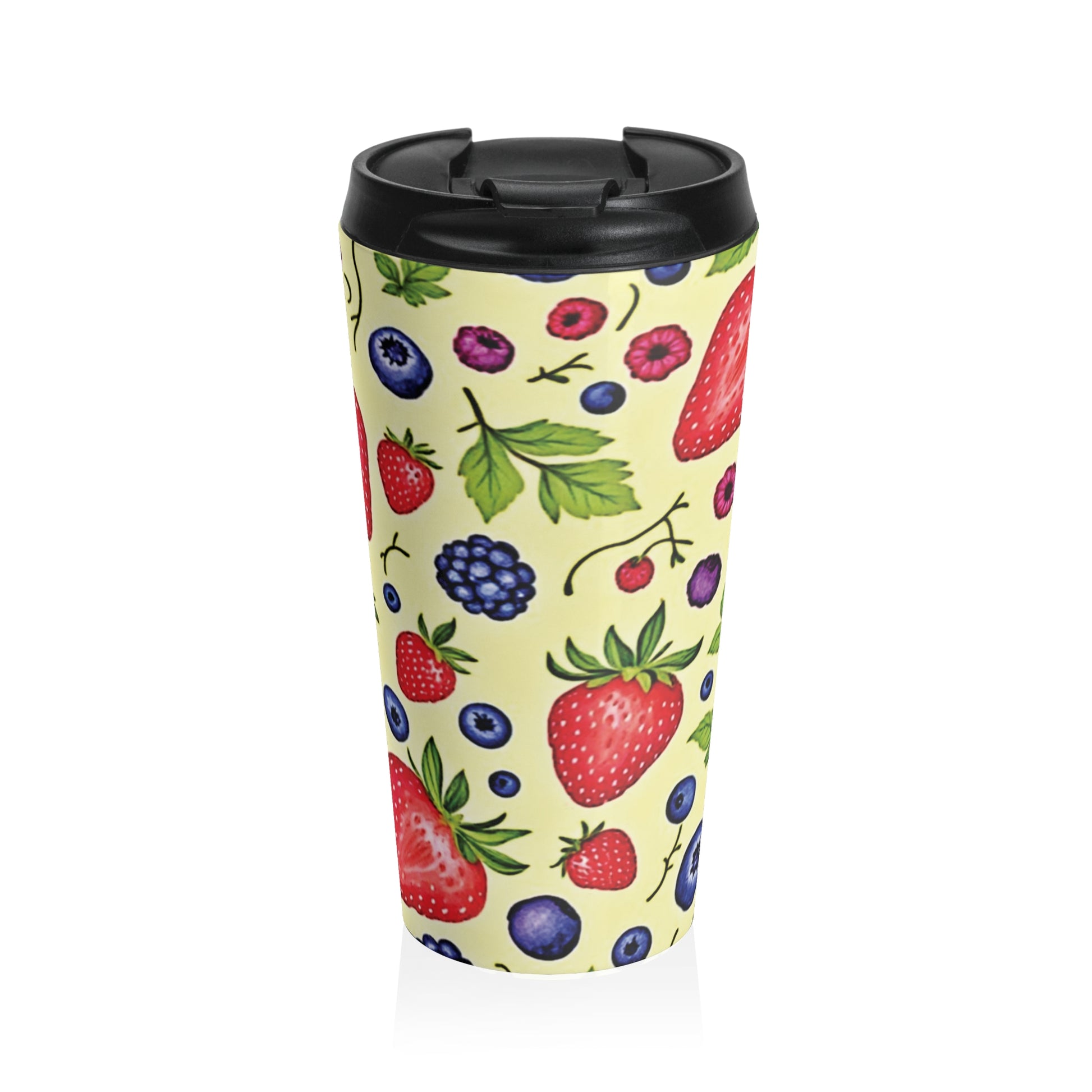 Strawberry & Berry Pattern Stainless Steel Travel Mug — Insulated Fruit Print Tumbler - AURABAGS SHOP