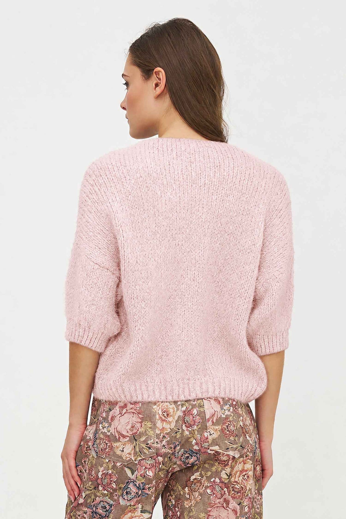 Women's Knit Crew-Neck Cardigan, Elbow-Length Sleeves & Cord Front Tie