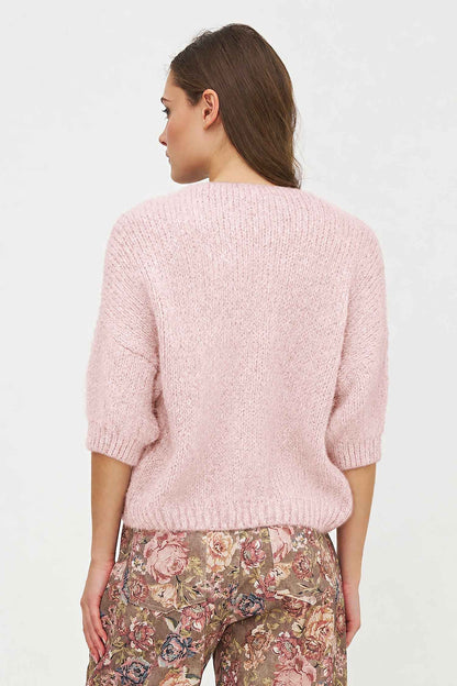 Women's Knit Crew-Neck Cardigan, Elbow-Length Sleeves & Cord Front Tie