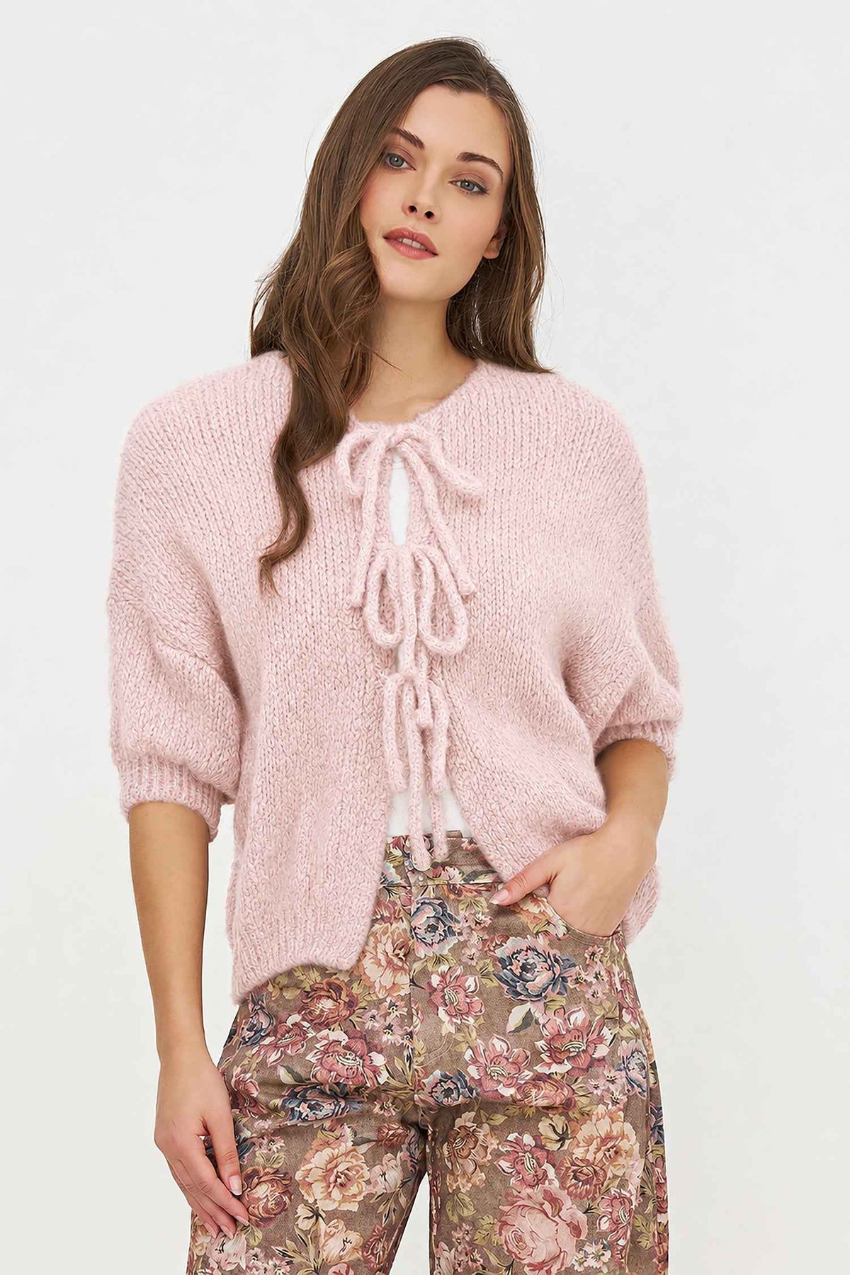Women's Knit Crew-Neck Cardigan, Elbow-Length Sleeves & Cord Front Tie