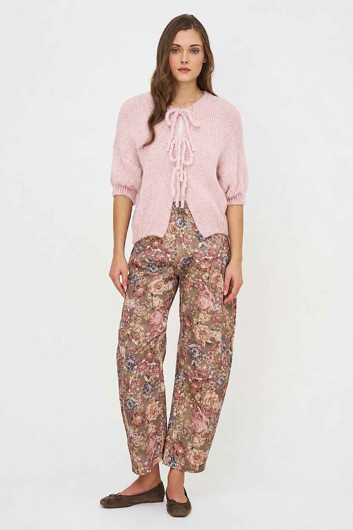 Women's Knit Crew-Neck Cardigan, Elbow-Length Sleeves & Cord Front Tie