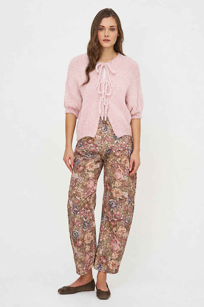 Women's Knit Crew-Neck Cardigan, Elbow-Length Sleeves & Cord Front Tie