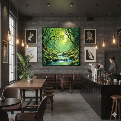 Enchanted Mossy Forest River – Ethereal Woodland Landscape Digital Art - AURABAGS SHOP