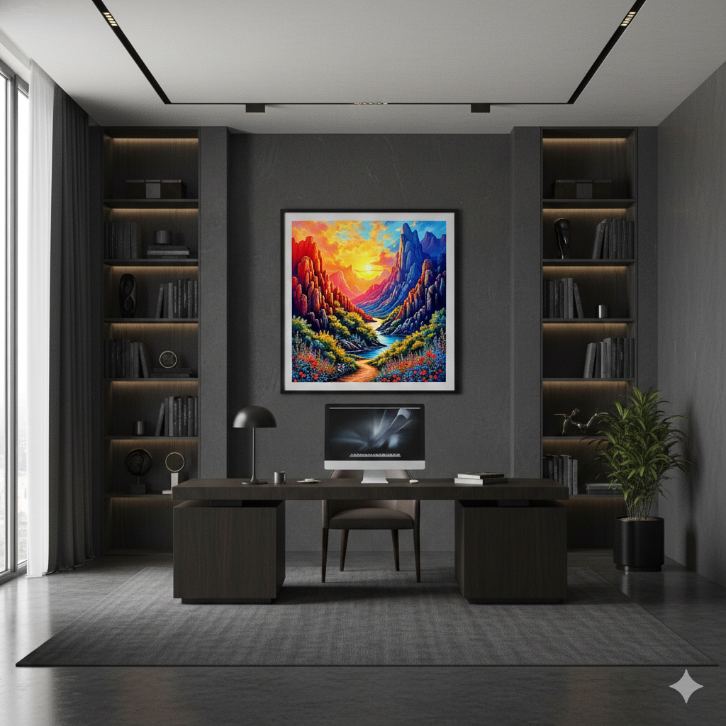 Vibrant Mountain Canyon Sunset Digital Art – High-Res River Landscape - AURABAGS SHOP