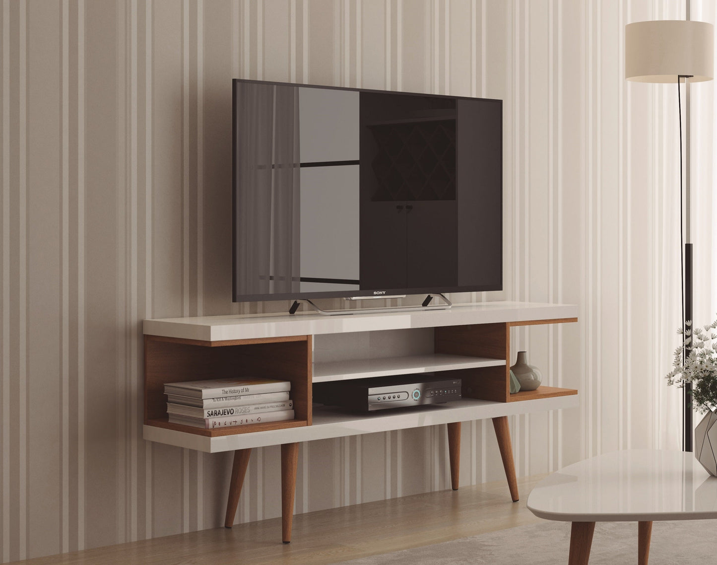 Eureka Modern TV-Ständer 53,14" mit 4 Regalen – Weiß Hochglanz/Ahorncreme