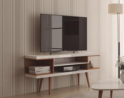 Eureka Modern TV-Ständer 53,14" mit 4 Regalen – Weiß Hochglanz/Ahorncreme