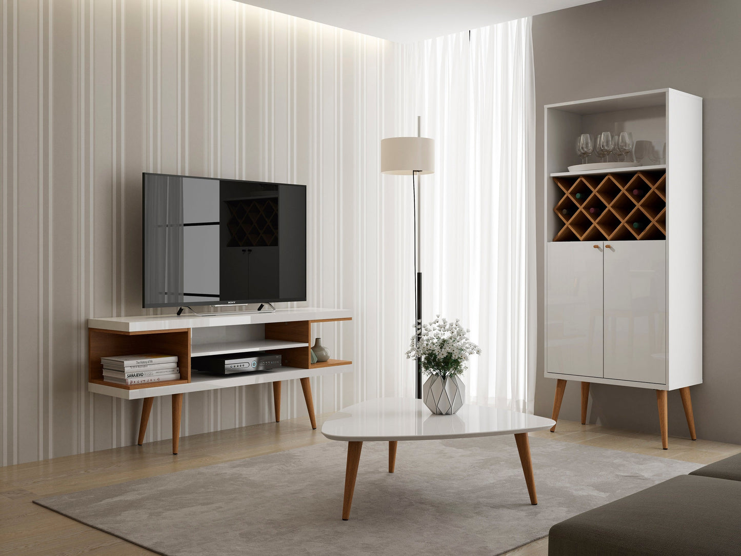 Eureka Modern TV-Ständer 53,14" mit 4 Regalen – Weiß Hochglanz/Ahorncreme