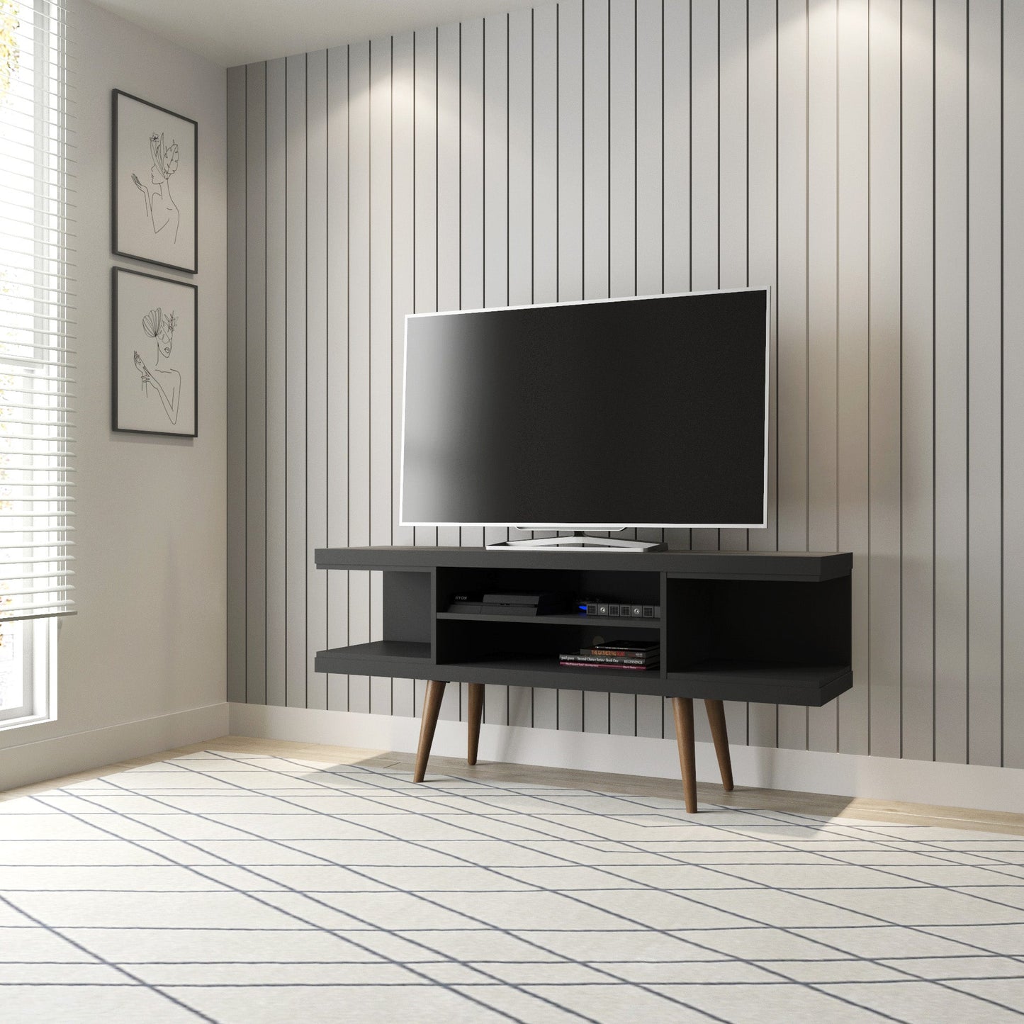 Eureka Modern 53.14" TV-Schrank mit 4 Einlegeböden - Schwarz/Ahorn Creme