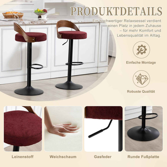 Set of 2 360° Swivel Bar Stools with Walnut Backrest & PU Seat, Height Adjustable Wine Red (Germany Delivery Only)