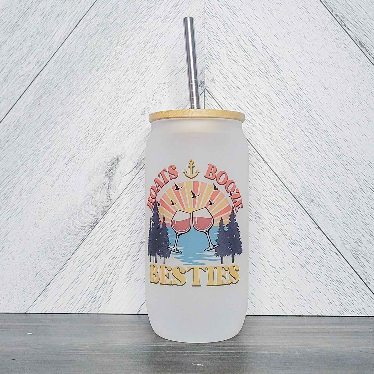 Boats, Booze, Besties Glass Can with Bamboo Lid