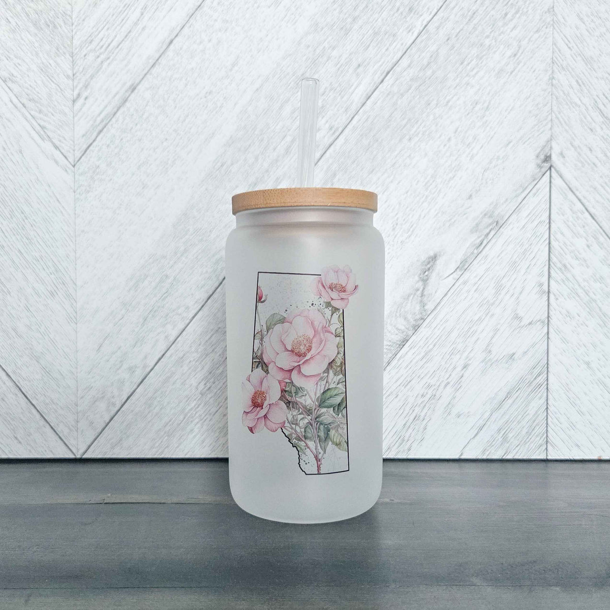 Wild Rose Province Frosted Glass Can with Bamboo Lid | Drink Cup