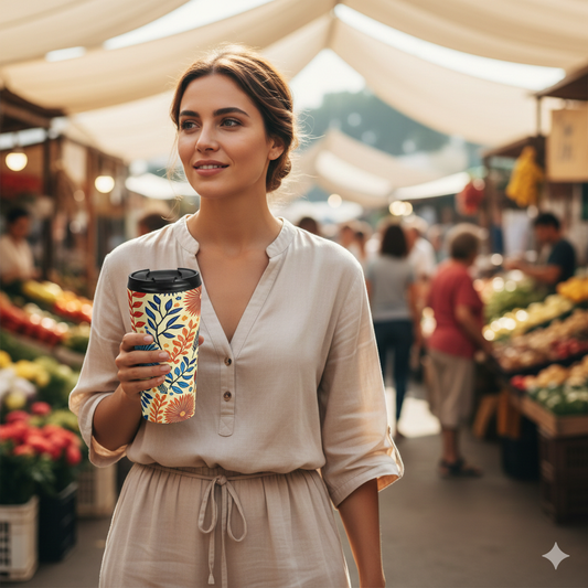 Colorful Floral Pattern Stainless Steel Travel Mug | Blue Orange Botanicals - AURABAGS SHOP