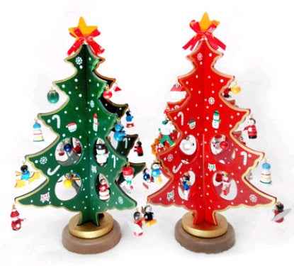 Creative Wooden Christmas Tree Desktop Decoration – 3D Tabletop Holiday Decor, Red & Green