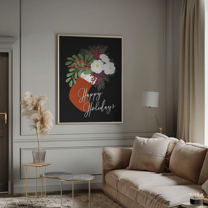 Wandbild Blumen Strumpf Frohe Feiertage in Schwarz Leinwandbild