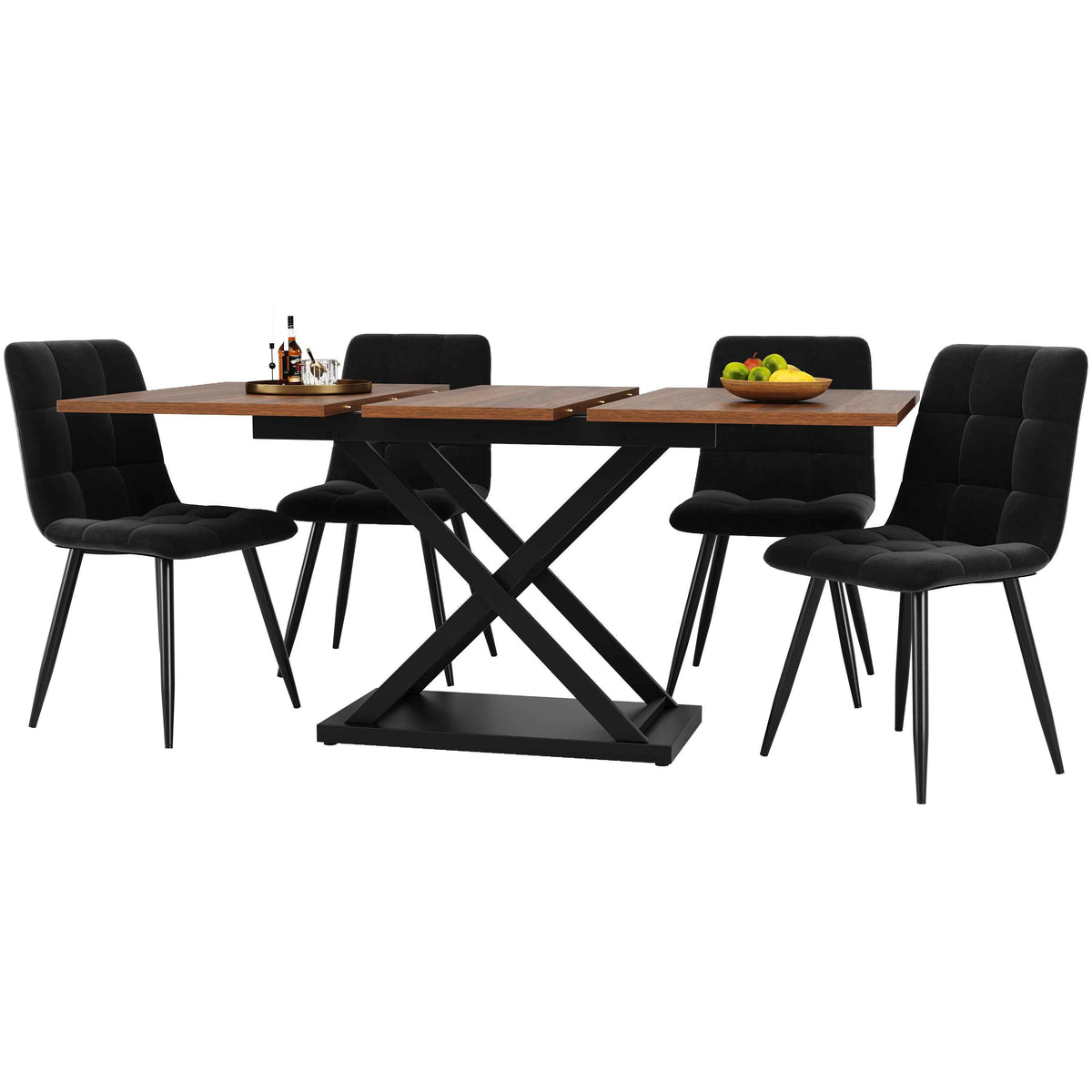 5-Piece Extendable Dining Set for 4 – 160 × 80 × 75 cm Walnut Table with Black Velvet Chairs (Germany Delivery Only)