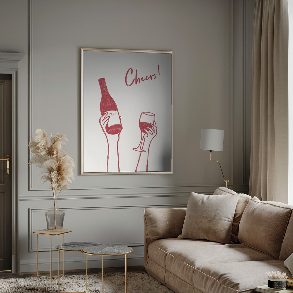 Wandbild Wein-Illustration & Text „Cheers“ (schwarz-weiß)