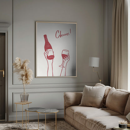 Wandbild Wein-Illustration & Text „Cheers“ (schwarz-weiß)