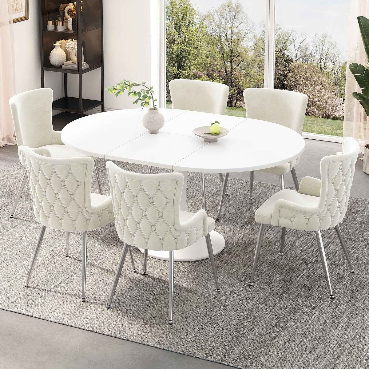 Set of 6 Beige Velvet Dining Chairs with Silver Metal Legs – Modern Luxury Accent Chairs (Germany Delivery Only)